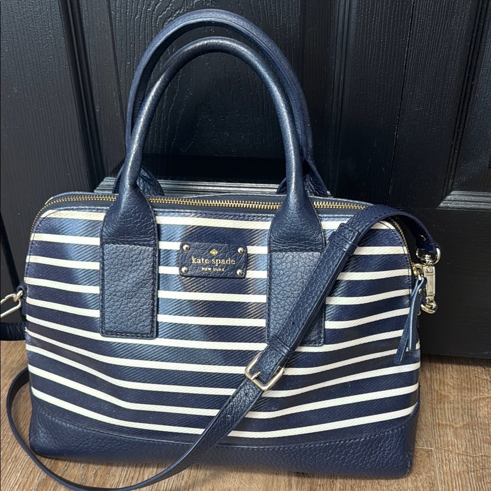 Kate Spade Blue and White Striped Satchel with Detachable Crossbody Strap